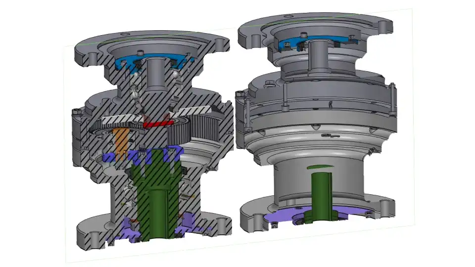 Section of a solid assembly before and after passing through the Internal faces remover