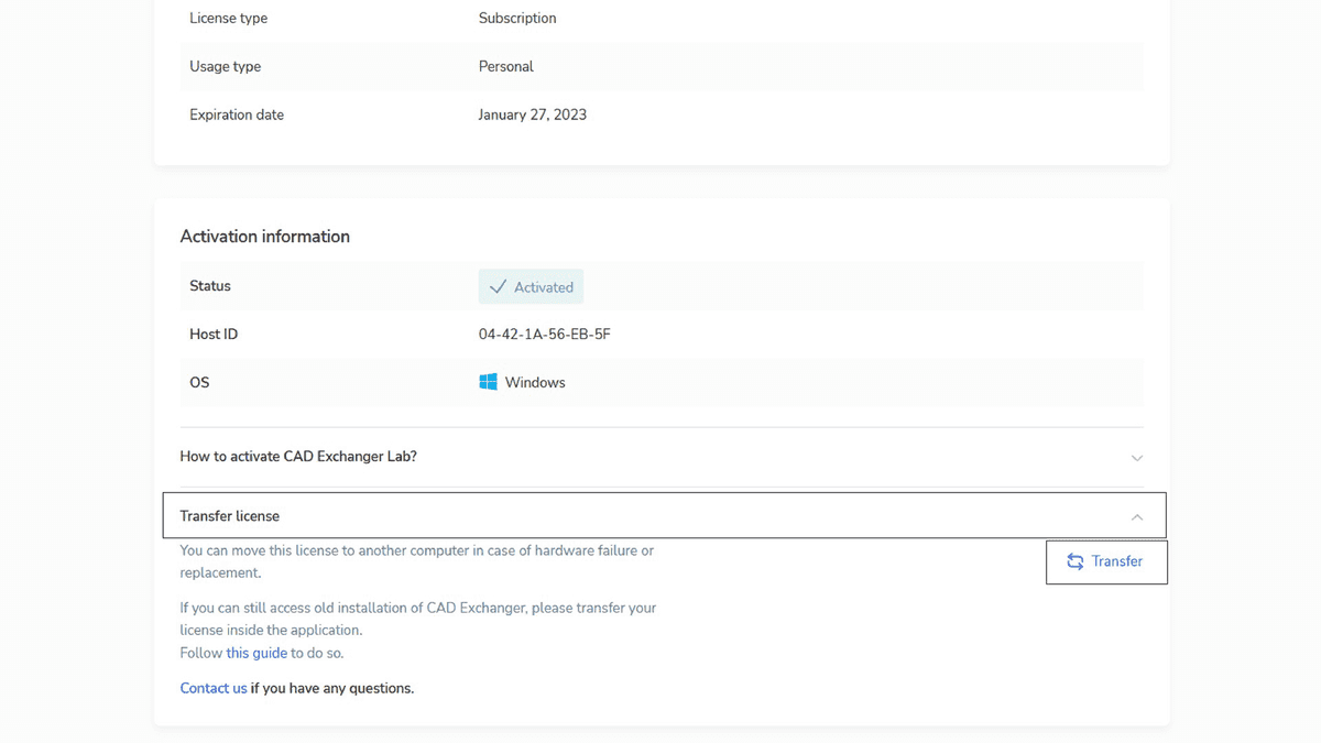 Customer Corner — “Transfer license” drop-down list