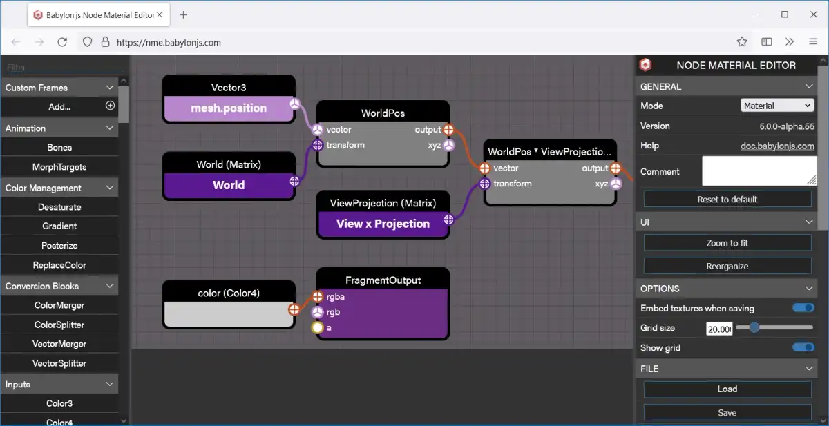 Fig. 3. The Babylon.js material editor, allowing creation of custom materials without the use of a shading programming language.