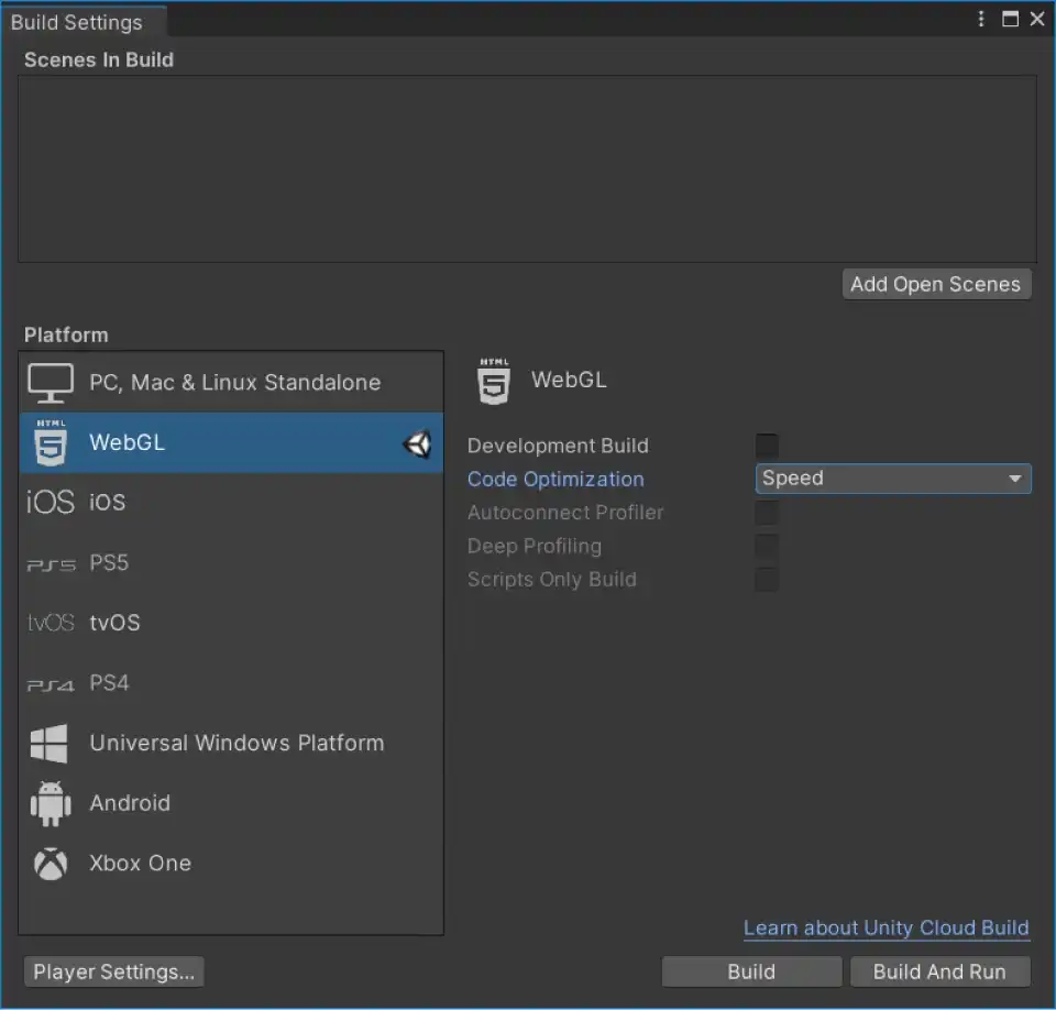 Fig. 1. Build Settings window in Unity, where the WebGL target can be selected.