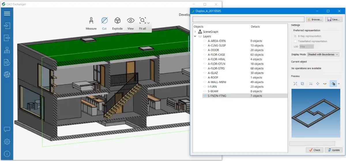 Fig. 3. 3D model with layers. Left: IFC model of a duplex building with layers. Right: layers are specified for collections of objects, representing furniture, walls, floors, window glasses; building foundation layer is selected.