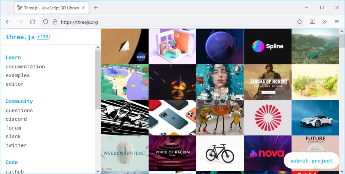 Fig. 2. Three.js main page, showcasing projects built with the library. Some of these are built by big and famous organizations, such as NASA, Apple, Oculus and Maserati.