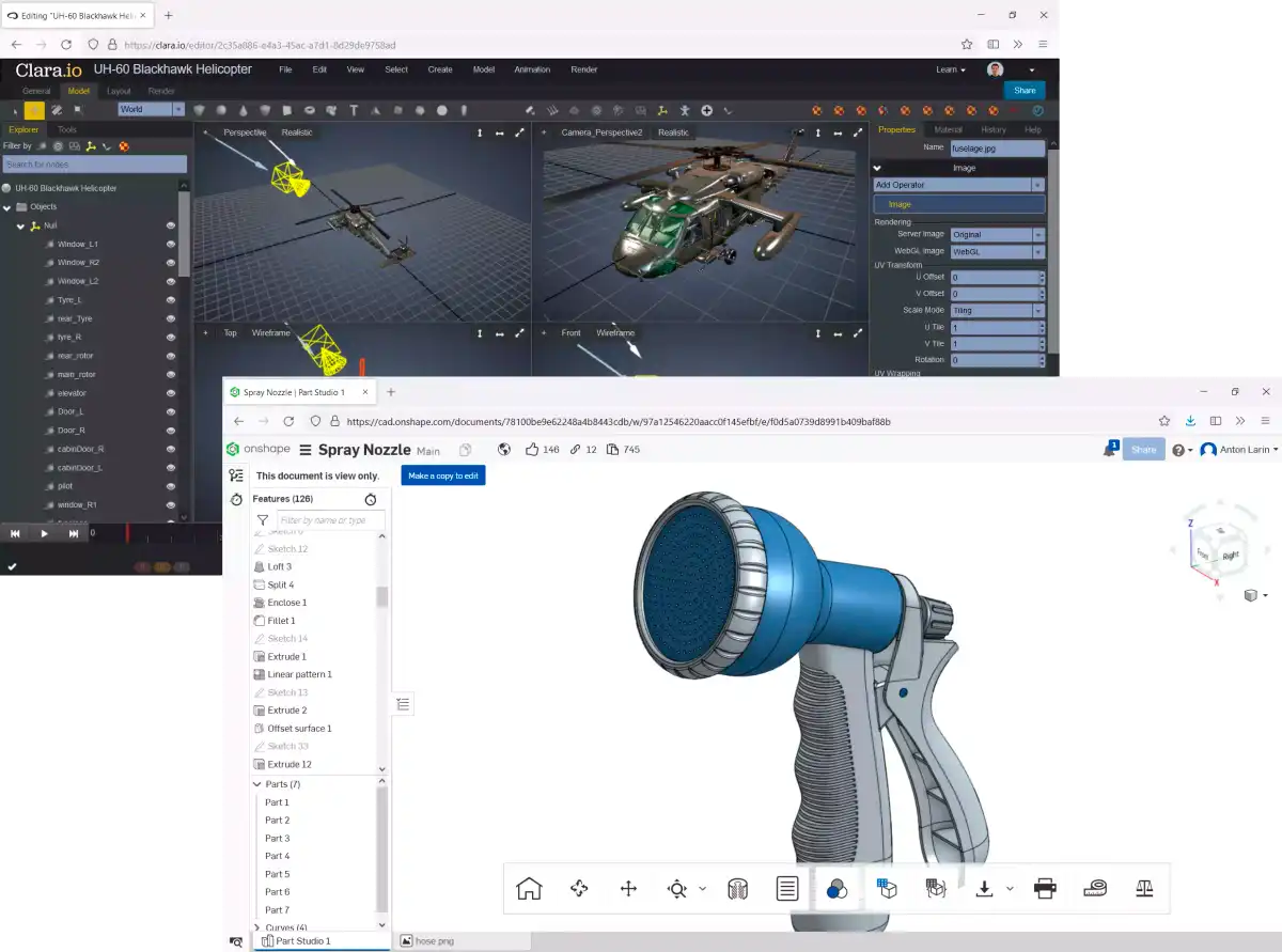 Fig. 1. Top: Clara.io, a cloud based 3D editor and renderer. Bottom: Onshape, a cloud based CAD system.